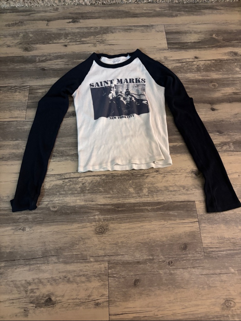 Brandy Melville White and Black 'Saint Marks' Long Sleeve Raglan Tee